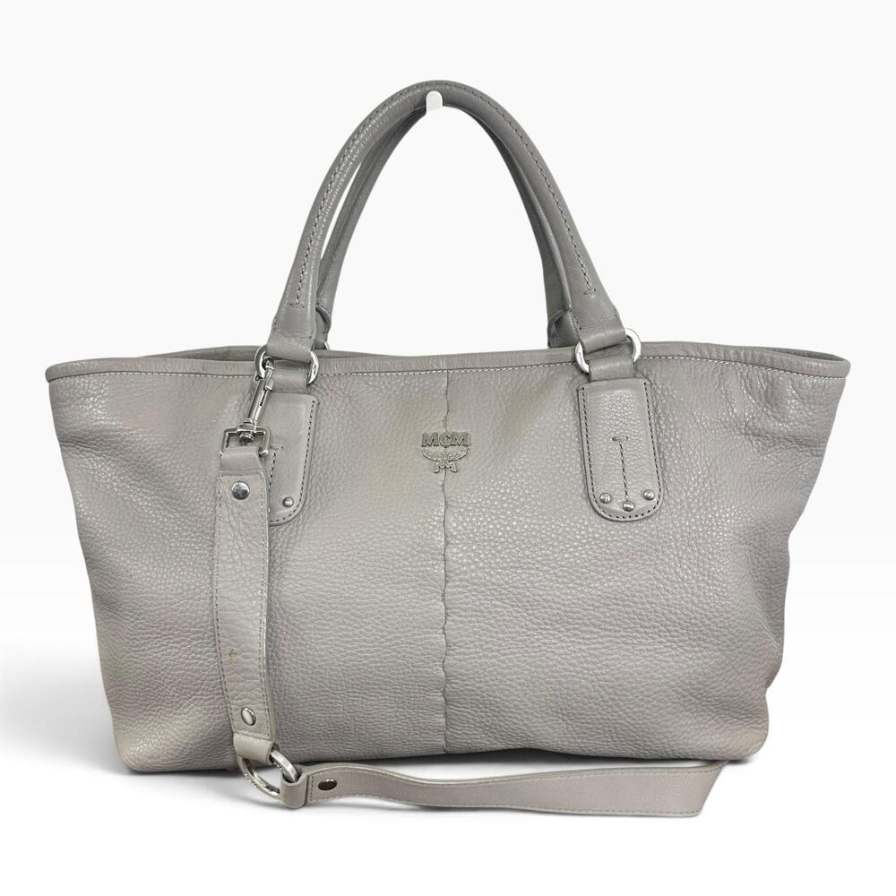 MCM Tote Bag Womens Large Gray Leather Italy Top Handle Crossbody Strap